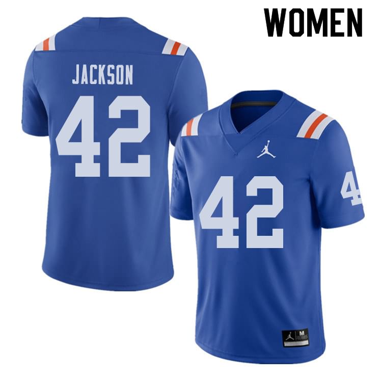 Women's NCAA Florida Gators Jaylin Jackson #42 Stitched Authentic Alternate Jordan Brand Royal Throwback College Football Jersey YLV1465IZ